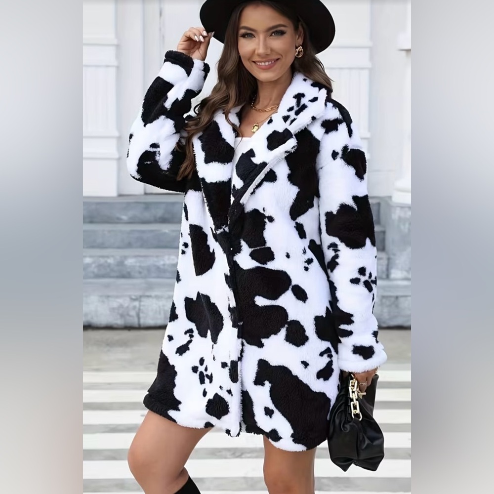 NWOT Stylish Black and White Cow Faux Fur Coat